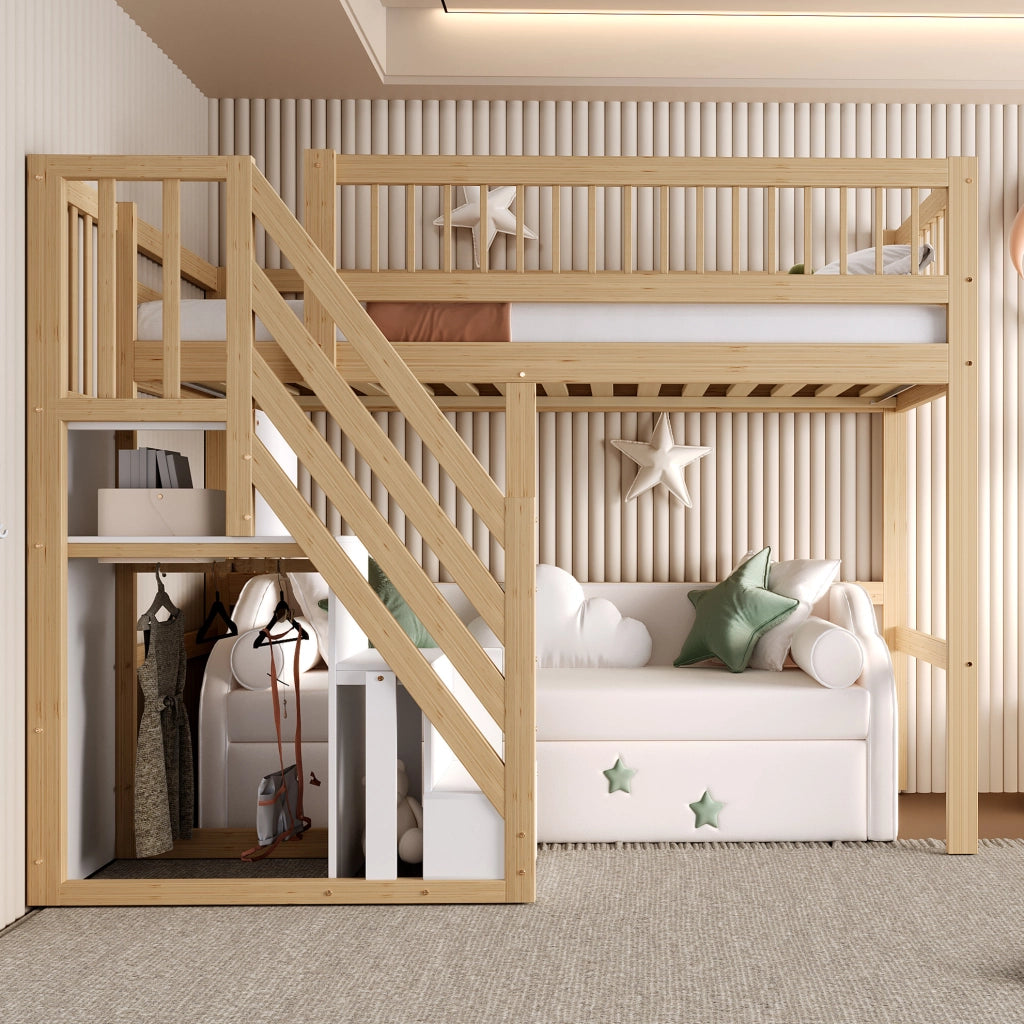 Letto singolo 90x200 cm in legno naturale con scala contenitore; struttura alta
