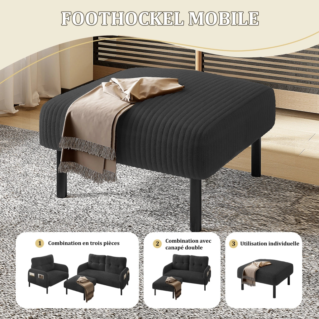 DIVANO 2 Posti 120 x 75 x 79 cm in Tessuto a Coste Grigio con Tasche Laterali