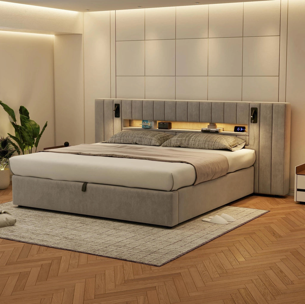 Letto matrimoniale imbottito 180x200 cm in velluto grigio con USB; LED e contenitore