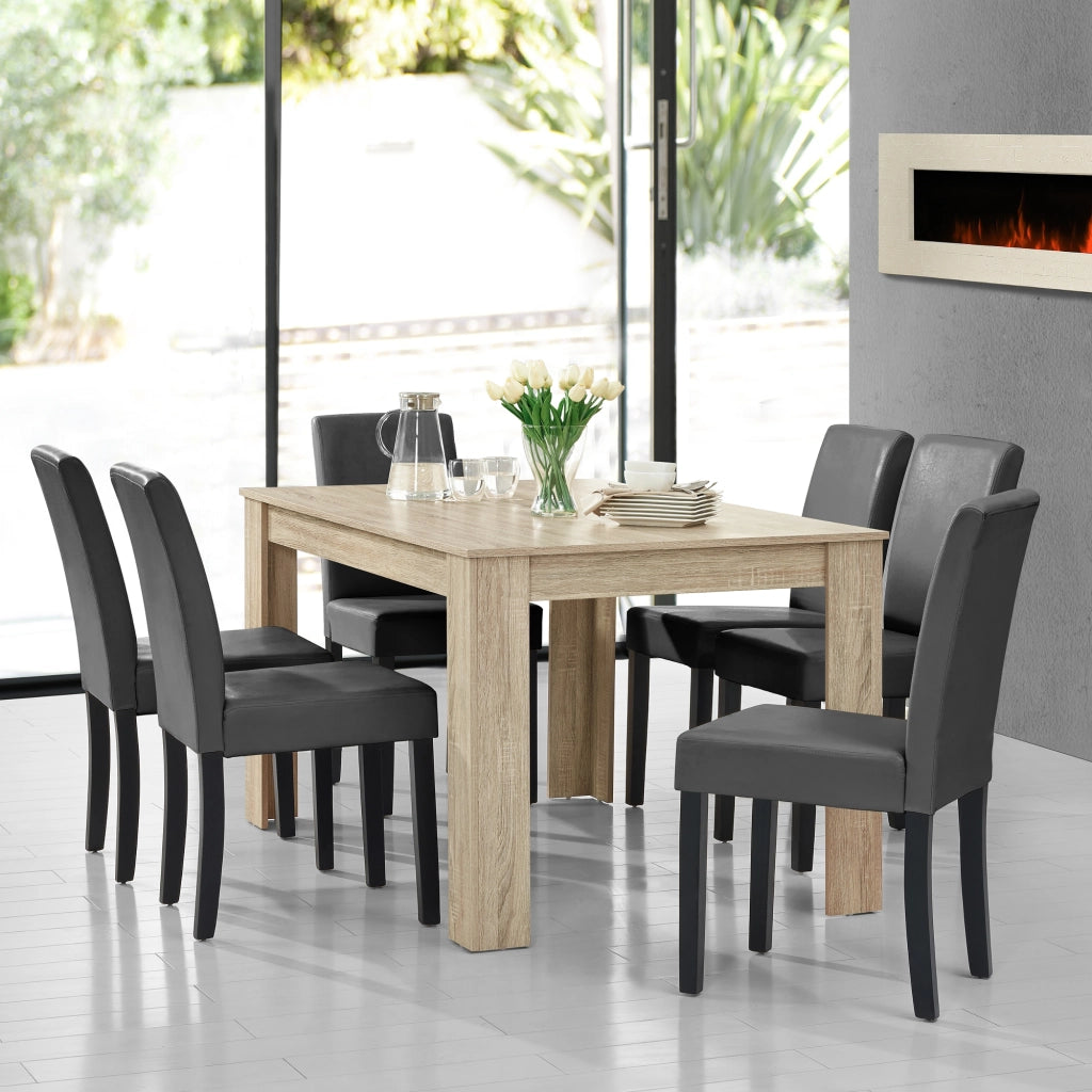 Set Pranzo con Tavolo 140x90 cm e 6 Sedie in Similpelle - Effetto Rovere Chiaro / Grigio scuro [en.casa]
