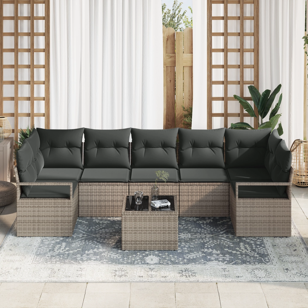 Set Divano da Giardino  con Cuscini Grigio in Polyrattan