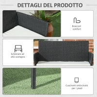 Divano da Giardino a 2 Posti con Cuscino e Braccioli in Rattan PE e Acciaio, 100x54x80cm, Nero
