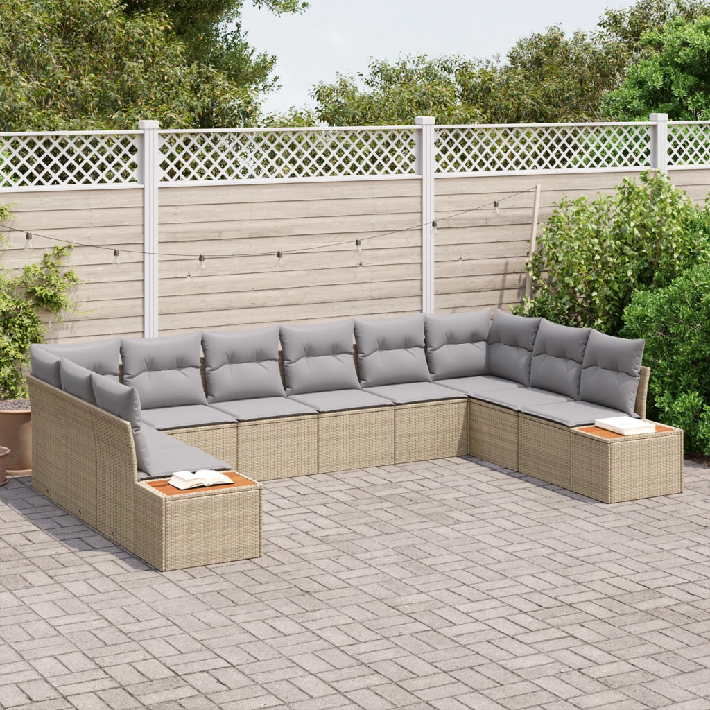 Set Divano da Giardino da 10 Pezzi con Cuscini Beige Polyrattan Acacia
