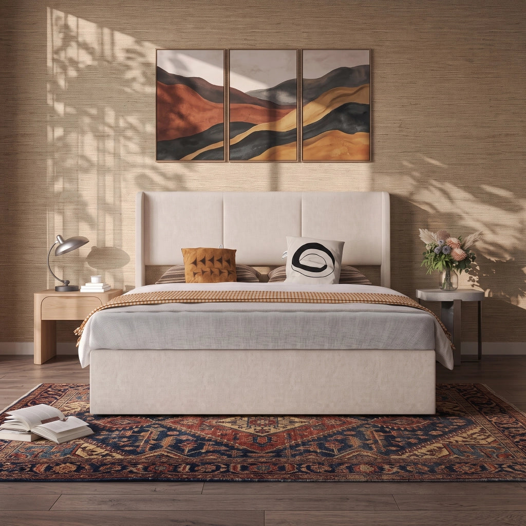 Letto matrimoniale contenitore 160x200 cm con testiera imbottita struttura letto rete a doghe vano idraulico in lino-beige