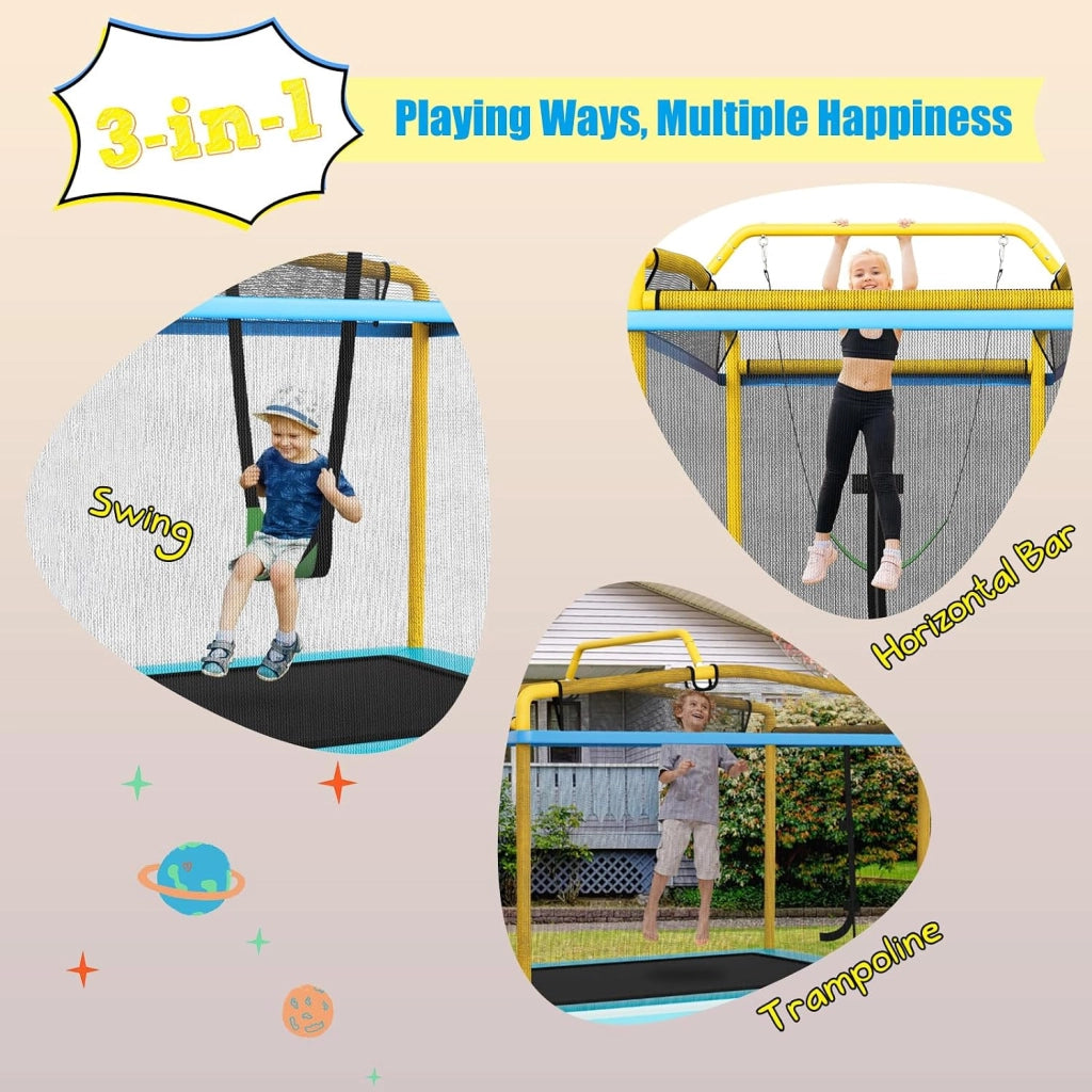 Trampolino per Bambini 3-8 Anni, Tappeto Elastico Bambini 3 in 1 con Altalena Rimovibile e Barra Orizzontale, Saltarello da Esterno e Interno, Portato 110 kg, 190 x 124 x 172 cm
