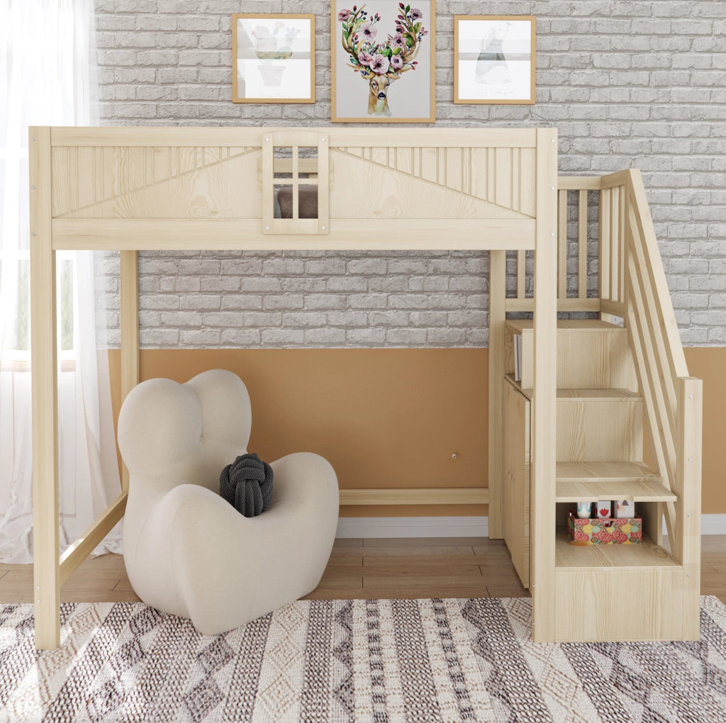 Letto a soppalco 90x200 cm in legno naturale con scala reversibile e vani contenitore
