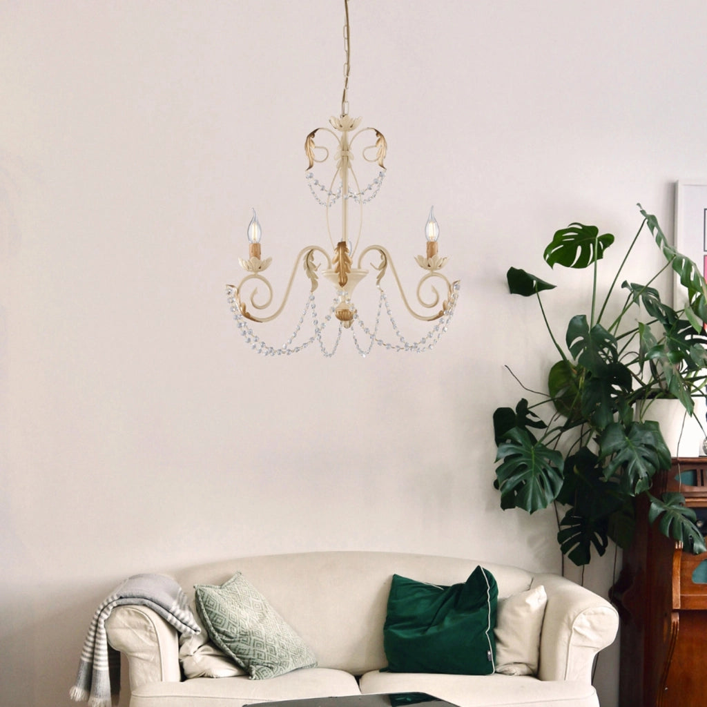 Lampadario Shabby Damasco 3 Luci Ferro Battuto Avorio E Oro Con Cristalli
