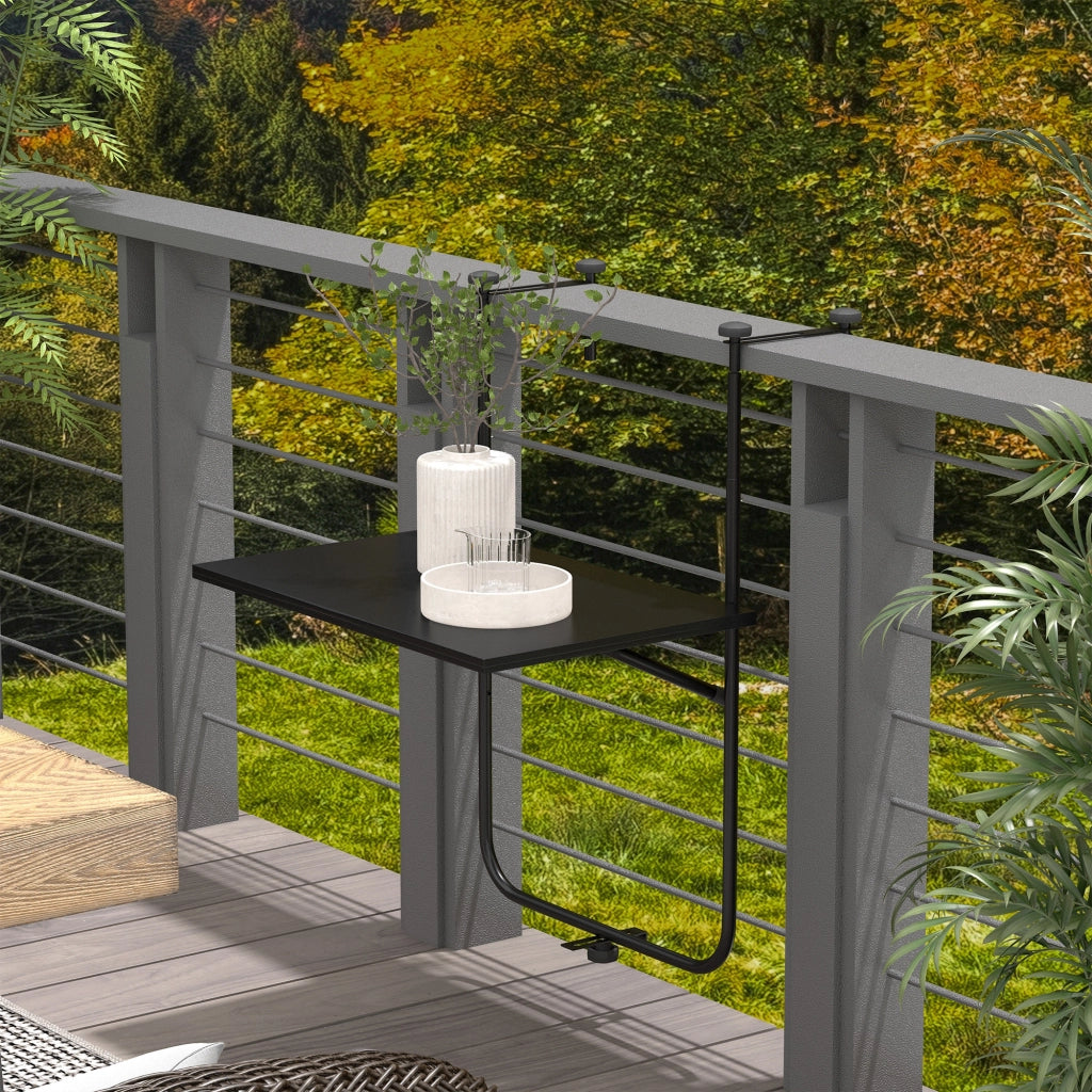 Tavolo da balcone da appendere pieghevole, regolabile in altezza, struttura in metallo nero, 62x60 cm