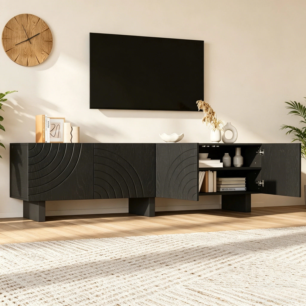 Mobile porta TV con 4 ante e 30 kg di portata in truciolato per soggiorno nero per TV fino a 75 pollici 180 × 40 × 55 cm
