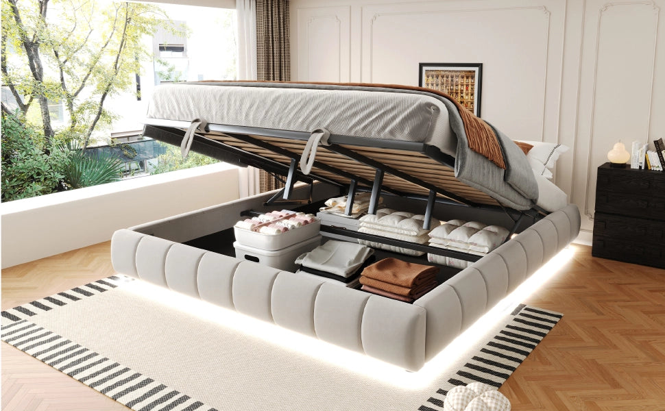 DESMIU Letto matrimoniale 180 × 200 cm con contenitore idraulico, striscia LED bianca, senza materasso, beige