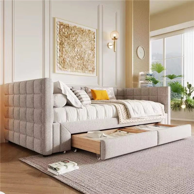 DESMIU Divano letto 90 × 200 cm 1 posto con 2 cassetti, senza materasso, in velluto beige