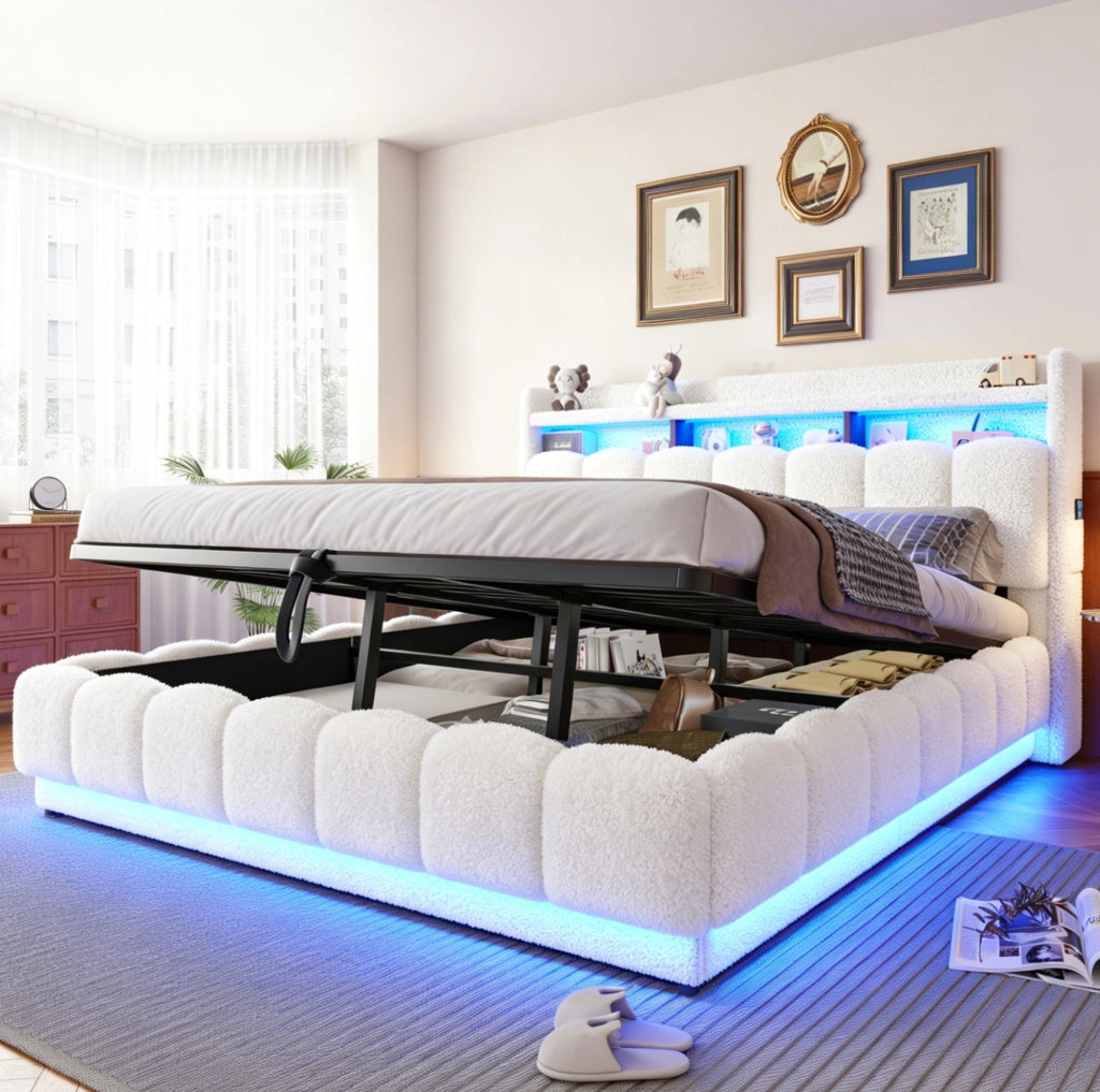 Letto imbottito 180x200 cm con contenitore idraulico; LED e USB; tessuto boucl茅 bianco