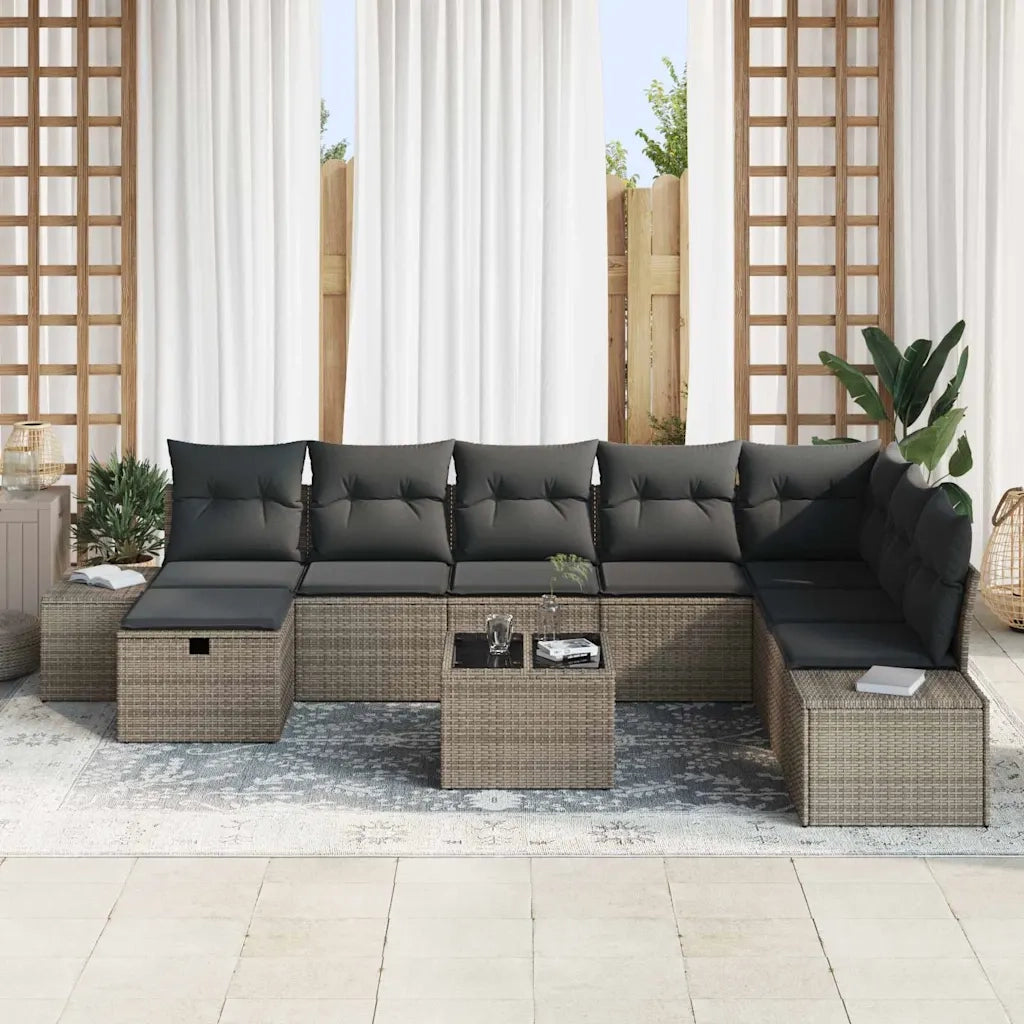Set Divano da Giardino con cuscino 9 pcs Grigio Poly Rattan
