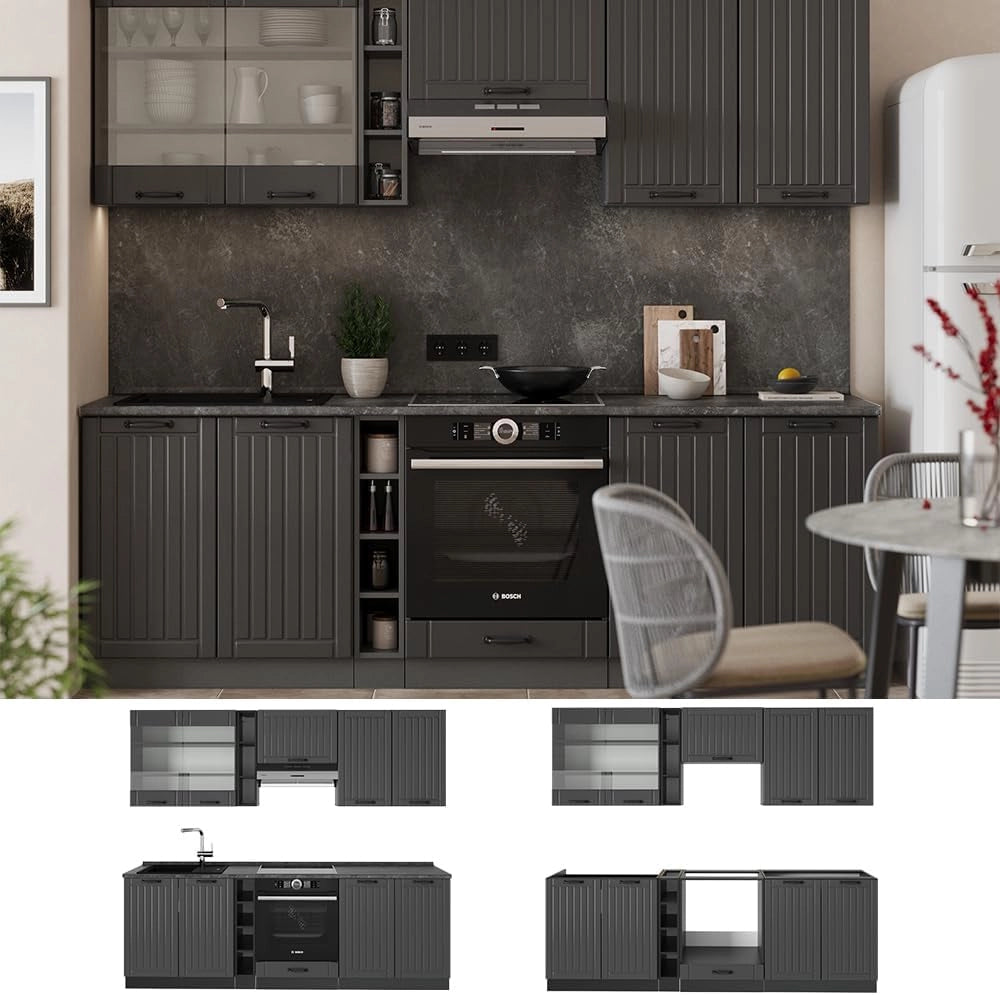 Cucina componibile Fame-Line, Grigio scuro, 235 cm senza piano di lavoro