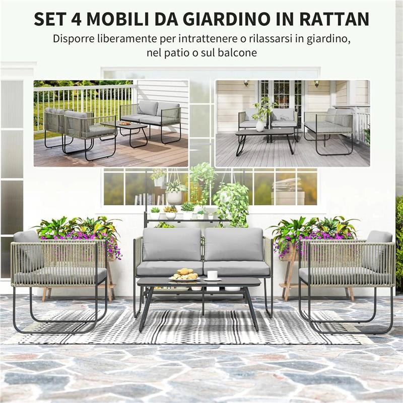 SET DA GIARDINO RATTAN CON DIVANETTO 2 POSTI 2 POLTRONE E TAVOLINO IN VETRO CUSCINI SFODERABILI GRIGIO