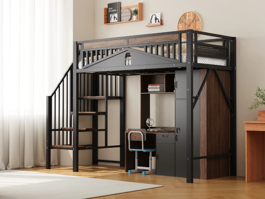 Letto a castello metallo e legno nero 90x200 cm con ringhiera