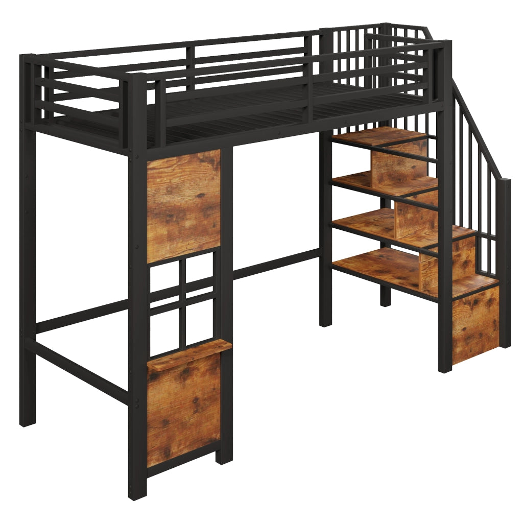 Letto a soppalco 90×200 cm; letto singolo con scala contenitore; sponda; mensola laterale; senza materasso; nero