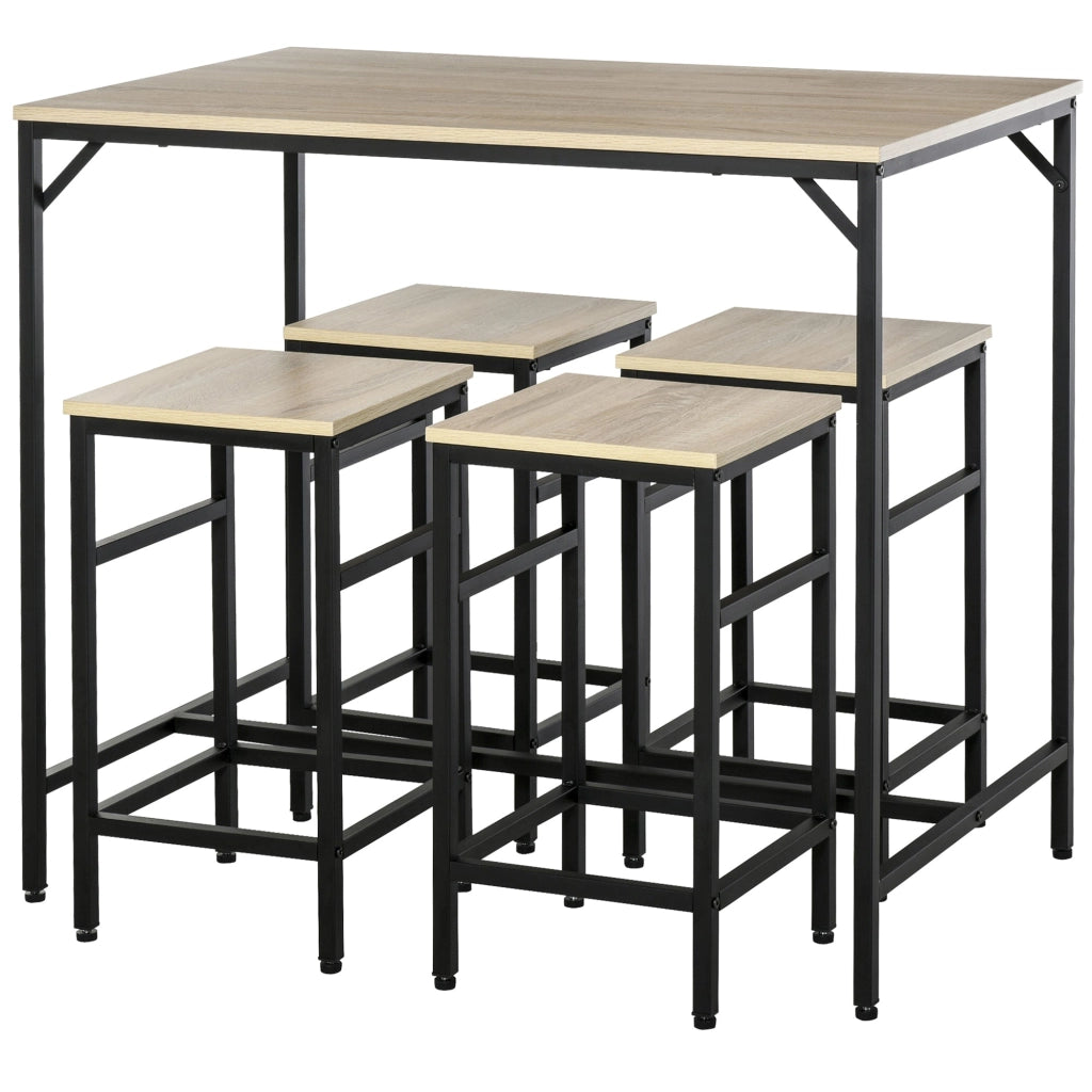 Set Bar Tavolino Alto e 4 Sgabelli in Metallo e Legno Rovere Chiaro
