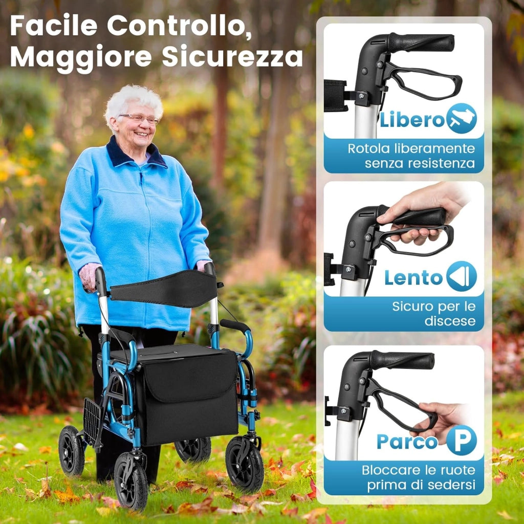 2 in 1 Deambulatore Pieghevole e Sedie a Rotelle per Anziani in Alluminio, Rollator Altezza Regolabile con Seduta e Freni, Girello per Anziani con Ruote Robuste, Carico Massimo 140 kg (Blu)