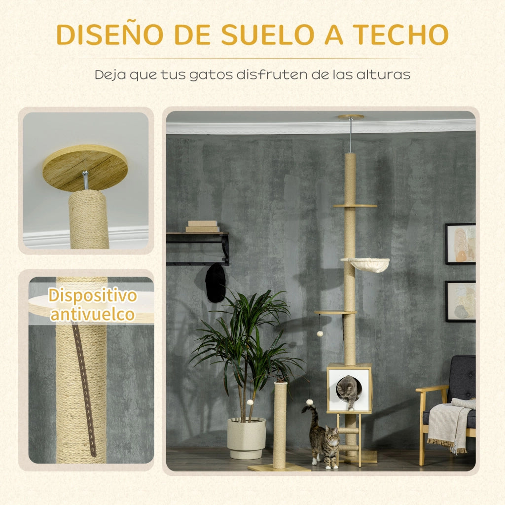 Albero tiragraffi per gatti altezza regolabile con gioco ¨C zephmum ¨C beige 40x40x225-285 cm