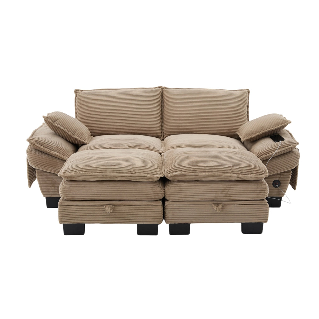 Divano 2 Posti con Poggiapiedi in Tessuto a Coste ¨C MINIMAL ¨C Khaki, Cuscini, Braccioli