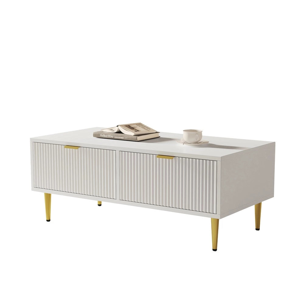 Tavolino da Caff¨¨ Moderno ¨C MINIMAL ¨C Bianco con Dettagli Oro, 2 Cassetti, 100x50x40 cm