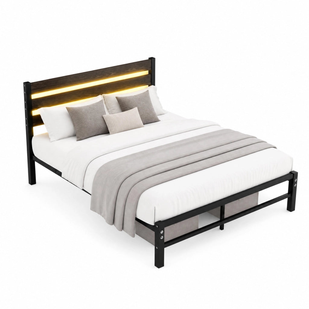 Letto matrimoniale 140x200 cm con struttura in metallo, testiera in MDF, LED RGB e vano sottoletto