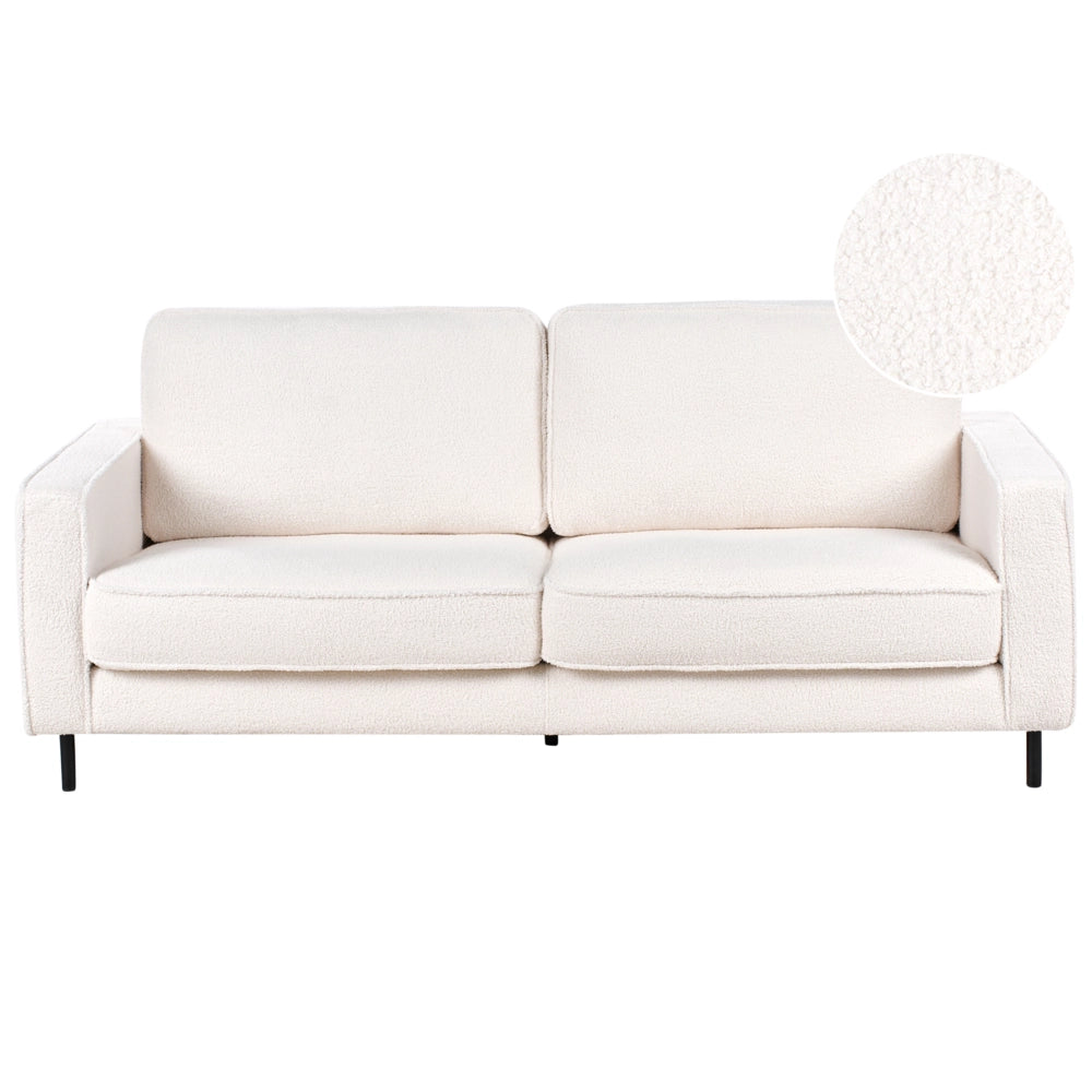 Divano in tessuto boucle bianco 3 posti con cuscini e gambe in metallo stile minimalista moderno