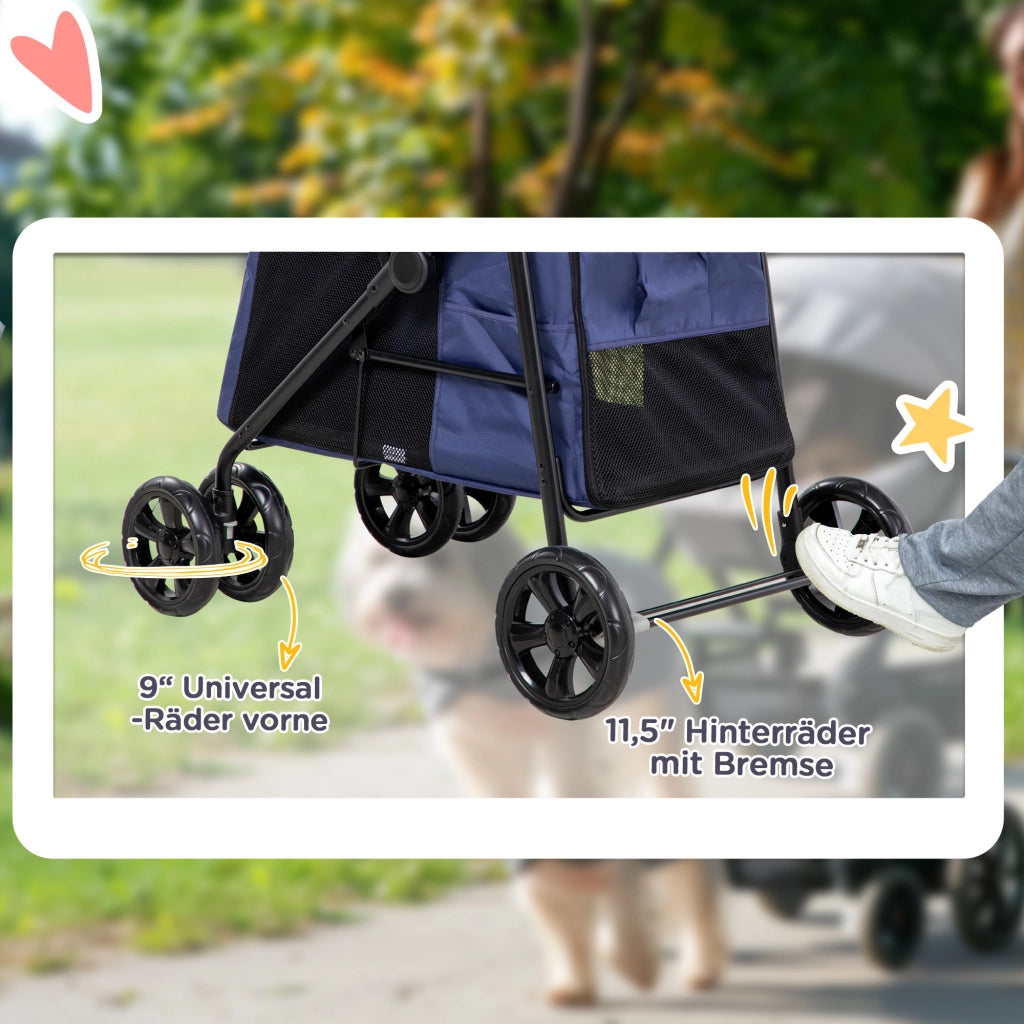 Carrello pieghevole per cani con cuscino finestre in rete porte laterali e 2 guinzagli in poliestere blu