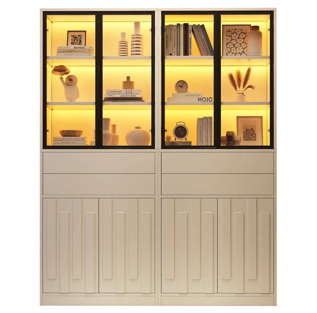 Set di 2 vetrine con LED Bluetooth; 4 ante in vetro e 2 cassetti; truciolare bianco