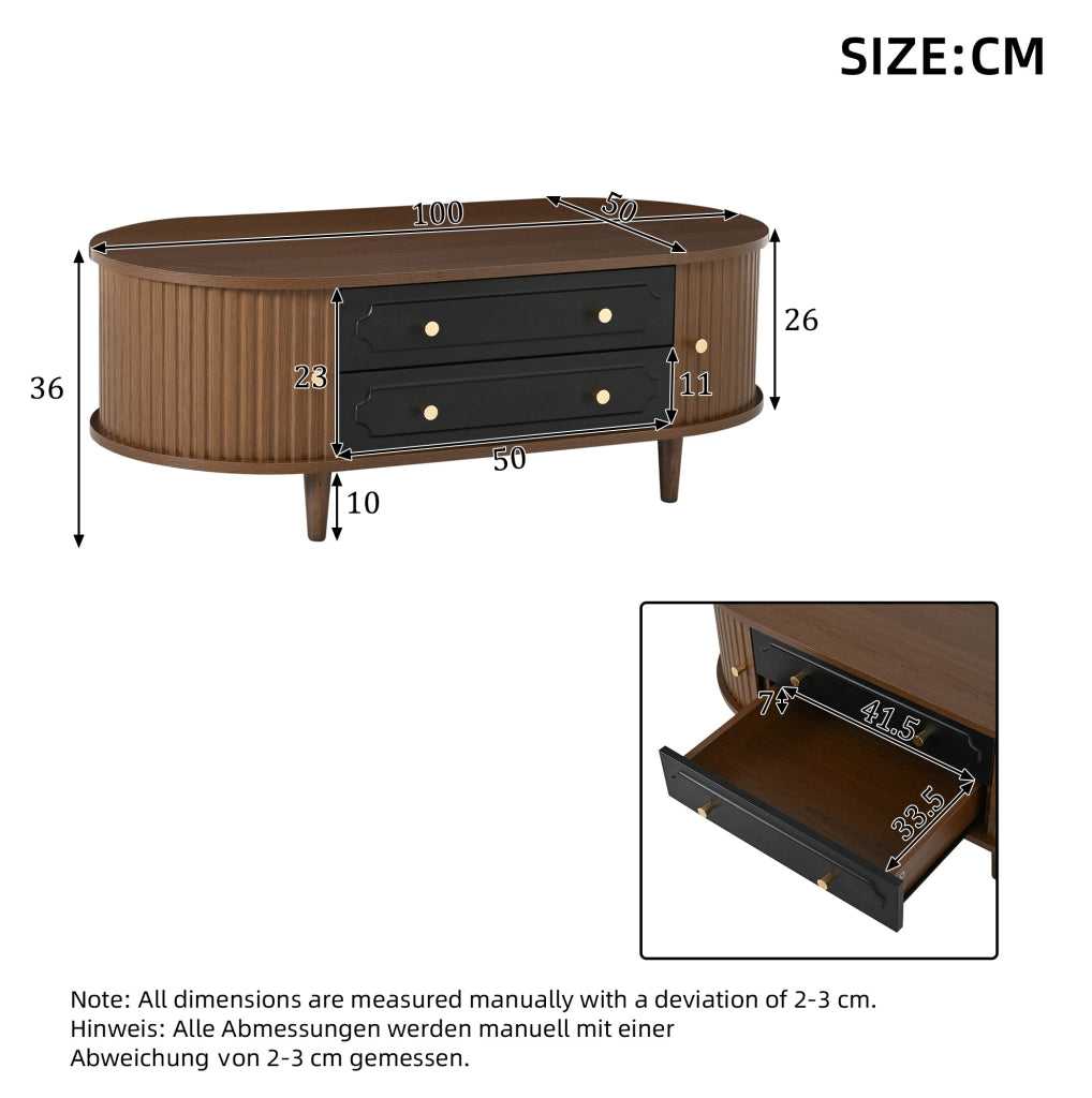 Tavolino da salotto 100x50x36 cm con 2 cassetti e 2 ante avvolgibili in truciolare; noce e nero