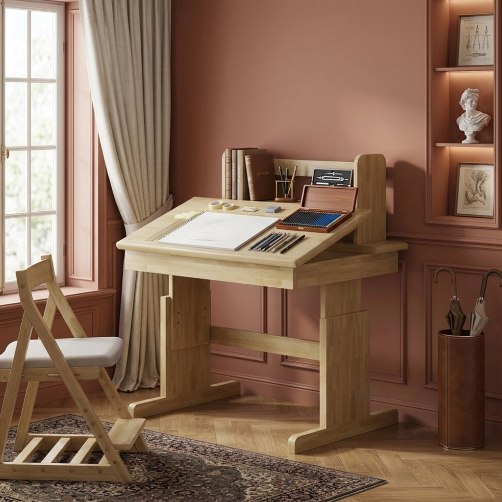 Scrivania lineare regolabile in altezza con piano inclinabile e leggio, per bambini, in legno massello naturale