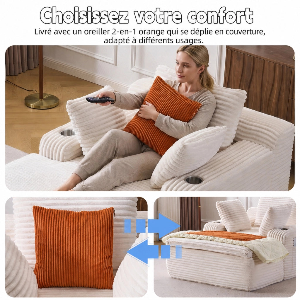 Divano da pavimento ULEVR beige in velluto a coste con chaise longue, portabicchieri, 3 cuscini e cuscino coperta 2 in 1