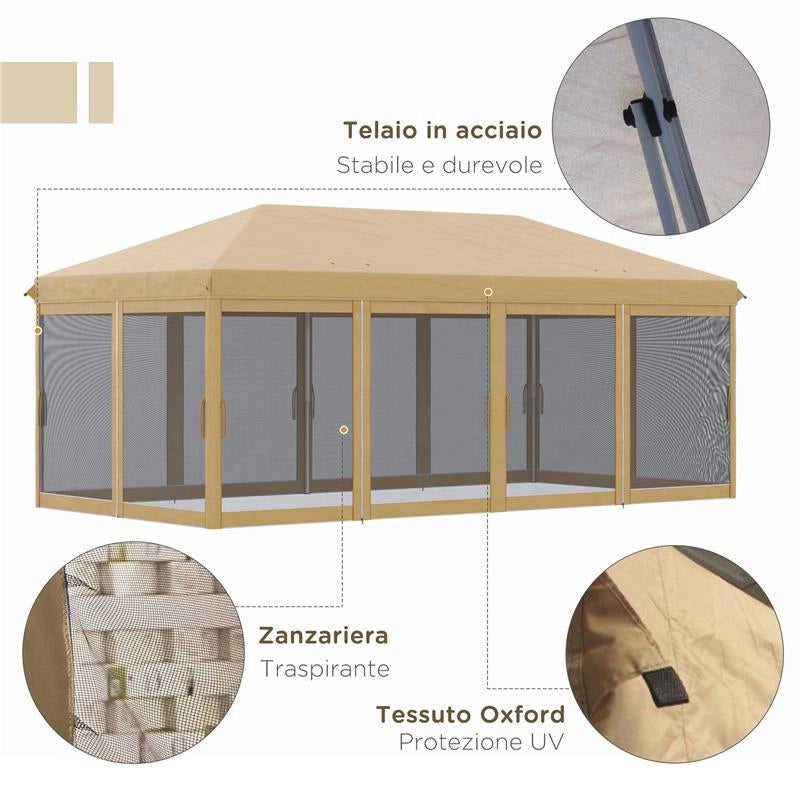 GAZEBO DA GIARDINO 6X3M PIEGHEVOLE CON ZANZARIERA, ALTEZZA REGOLABILE E BORSA DI TRASPORTO, BEIGE