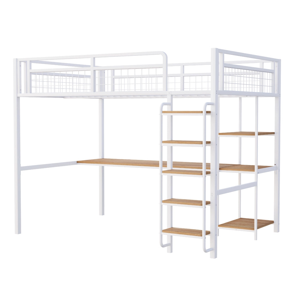 Letto a castello metallo bianco con scala di sicurezza tavolo e scaffali 140x200 cm