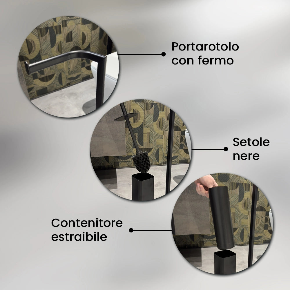 Piantana porta rotolo e scopino da appoggio in acciaio nero opaco Fusion