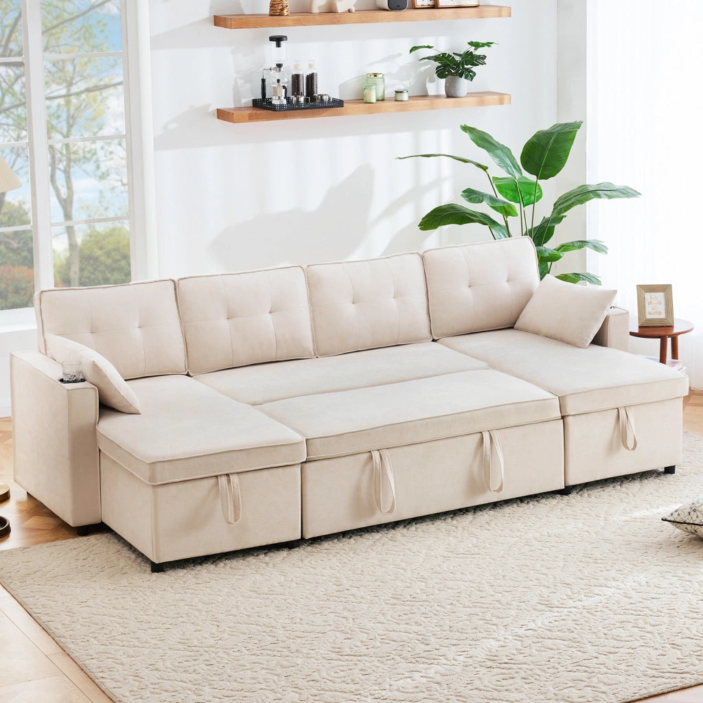 DIVANO LETTO U-forma 270 x 130 x 86 cm Beige in cotone e lino