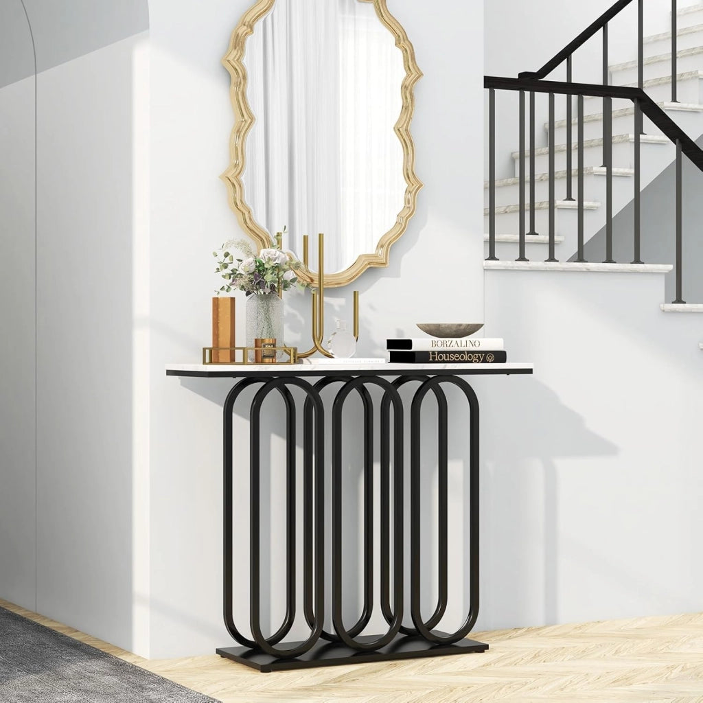 Tavolo consolle effetto marmo, tavolo d'ingresso con telaio rotondo in metallo, sottile, tavolino da salotto, con protezione antiribaltamento, tavolo lungo, 100 x 30 x 80 cm