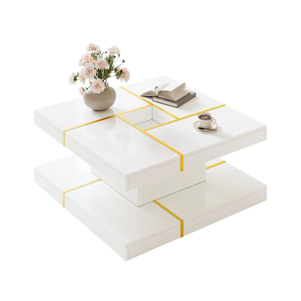 Tavolino da caffè con doppio ripiano e vano centrale - per soggiorno - 80 x 80 x 38 cm - bianco