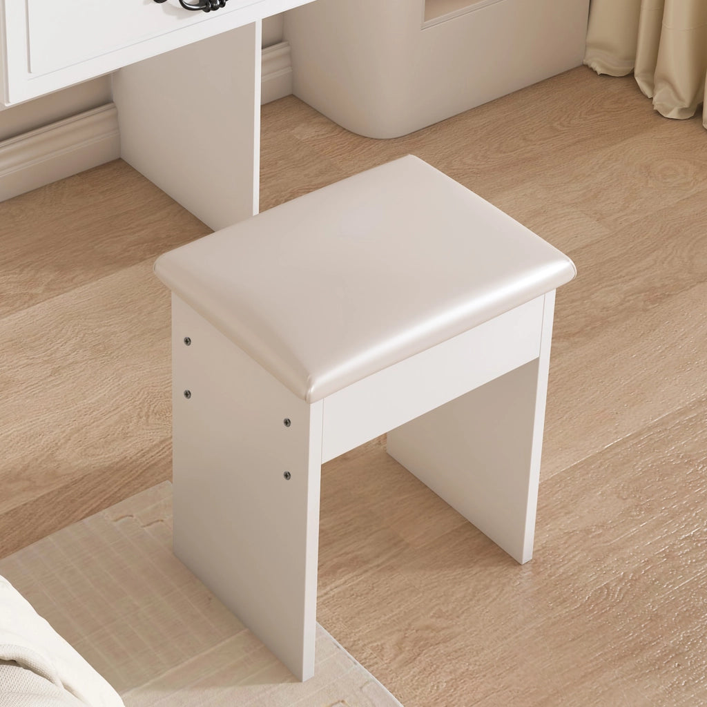 Toeletta moderna salvaspazio con specchio LED dimmerabile e sgabello imbottito in MDF bianco