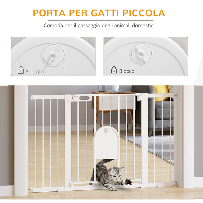 Cancelletto per Cani Estensibile con Porta a Chiusura Automatica 75-131x76 cm in Metallo e ABS Bianco