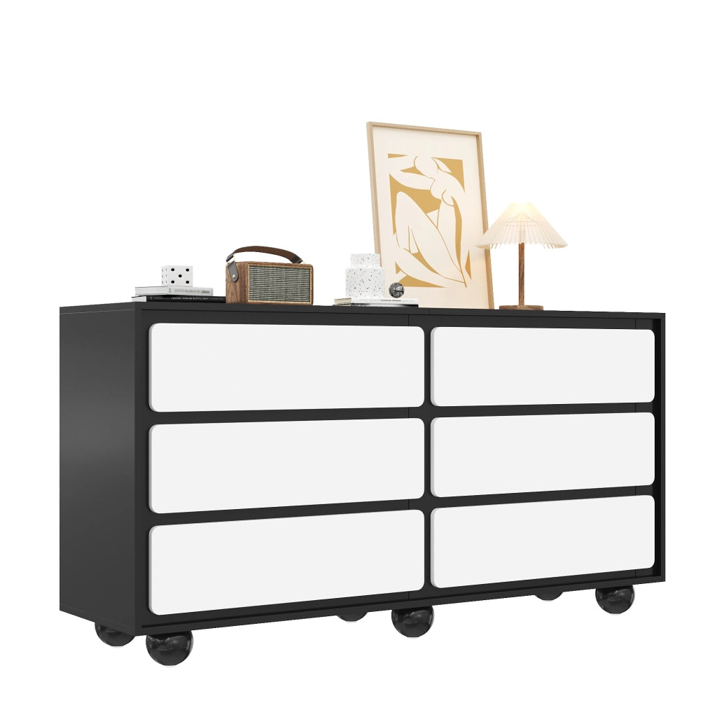 Cassettiera con 6 Cassetti; Piedi in Metallo e Angoli Arrotondati per Camera e Soggiorno; in Pannelli di Particelle; 140 × 38 × 74.5 cm; Bianco e Nero