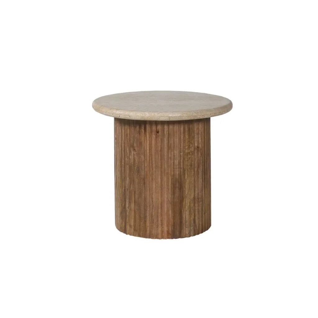 Tavolino MAELORA – Tavolino rotondo Ø50 cm – Legno di mango & travertino – Design naturale ed elegante