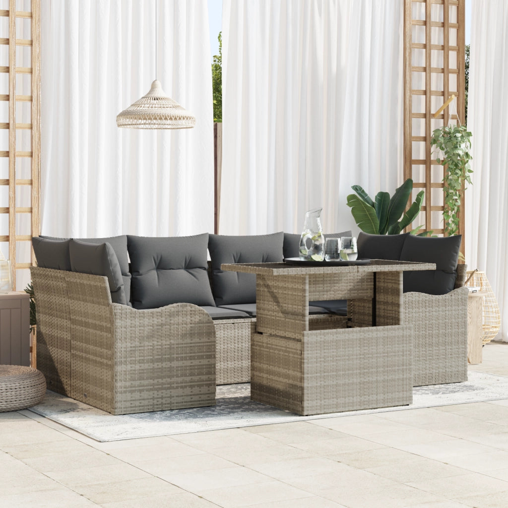 Set di SofÃ  da Giardino  a 7 Pezzi con Cuscini Grigio Chiaro Rattan Poliestere