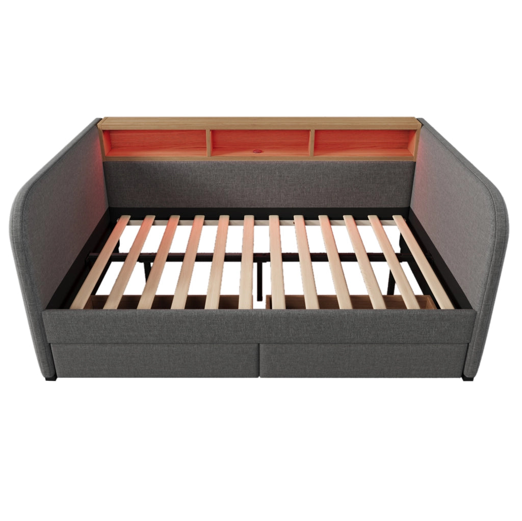 Letto imbottito 140x190 cm con LED; USB C; 2 cassetti e testiera contenitore; lino grigio