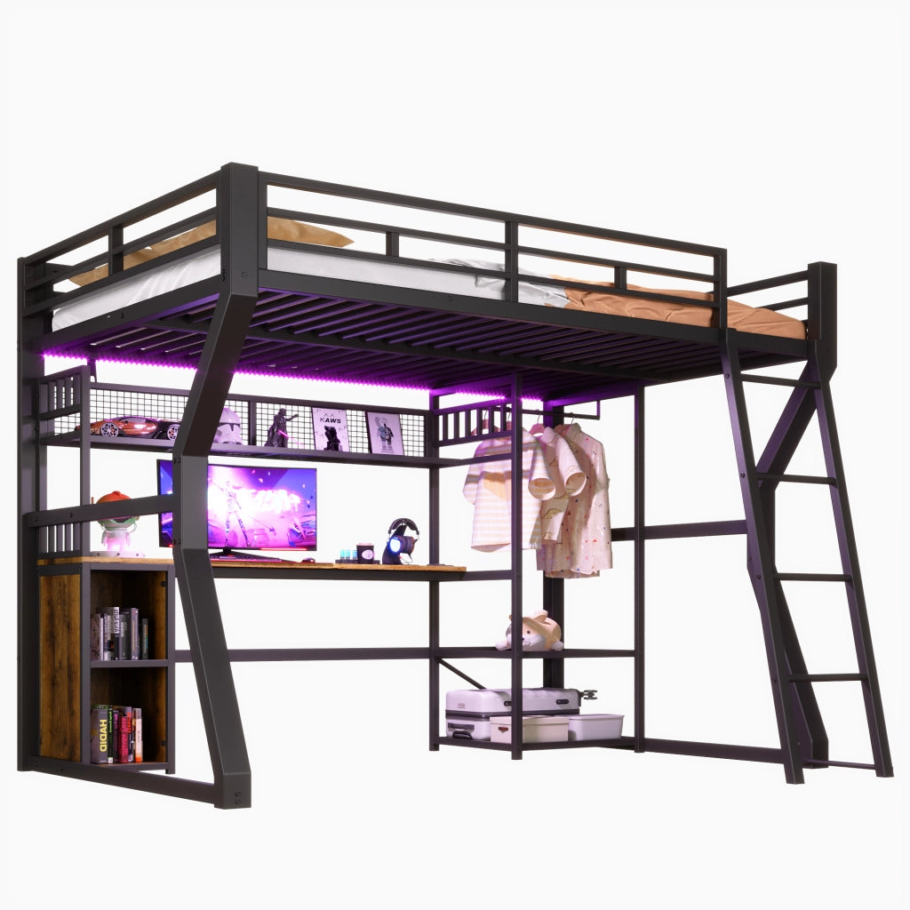 Letto a Soppalco 140x200 cm con Luce LED, Presa, Scrivania e Ripiani in Metallo