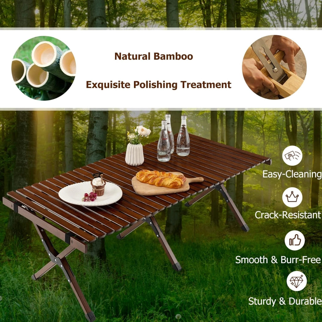Tavolo Pieghevole da Esterno, Tavolo da Picnic da Campeggio in Bambù, per 4-6 Persone, Tavolo Portatile con una Borsa, la Portata di 50kg, 122 x 60 x 43,5cm (Brown)