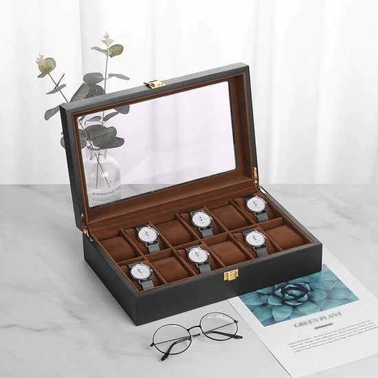 Cassa per Oreficeria con Display per Orologi in Legno Massello - Organizzatore per Collane e Bracciali con Coperchio in Vetro Nero