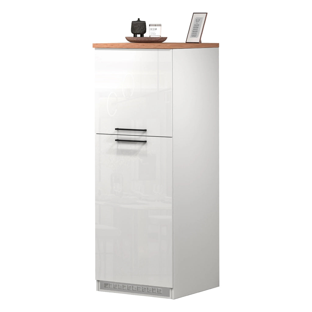 Dispensa da cucina Mesarthim, Mobile multiuso, Armadio porta frigo a 2 ante, 100% Made in Italy, 60x60h165 cm, Bianco lucido e Rovere