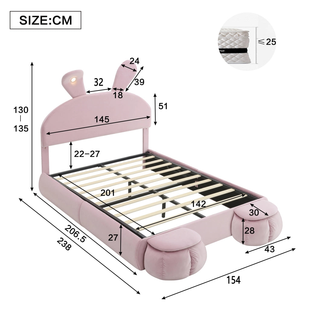 Letto Contenitore 140 x 200 cm; Letto Matrimoniale - LED Regolabile e 2 Pouf - Rosa